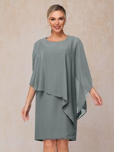 Steel_Grey Elegant Flowy Gray Dress, Bride Dress Vintage, Elegant Summer Dresses, Evening Dresses For Weddings, Knee Length Shorts, Half Sleeve Dresses, Dress Dusty, Sleeves Dress, Cape Dress