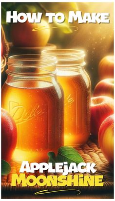 two jars filled with liquid sitting on top of a table next to apples and leaves