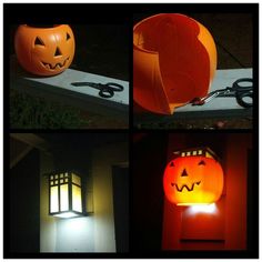 four different pictures of pumpkins with scissors and lights in the middle one has a lantern on it