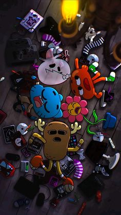 several cartoon characters are laying on the floor