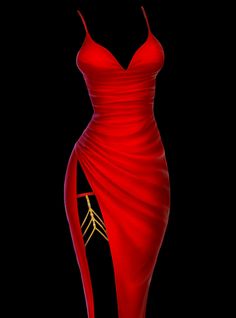 a woman's red dress with gold details on the bottom, and side slits