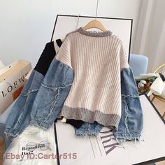 Women's Denim Sleeve Patchwork Sweater Autumn Winter Loose Lazy Knit Sweater Top | eBay Knitting Jacket, Denim Sleeves, Sleeve Stitching, Knitted Patterns, Patchwork Sweater, Mohair Knit, Upcycle Sweater, Women Sweaters Winter, Loose Pullover