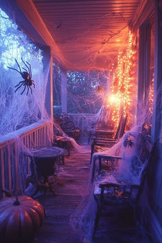 a porch decorated for halloween with spider webs and pumpkins