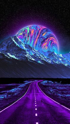 a long road with mountains in the background and an abstract painting on it's side