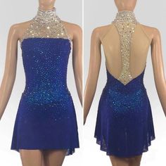 a blue dress with sequins on the neck and back is shown in two different views