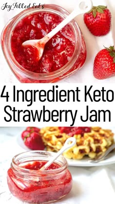 four ingredient keto strawberry jam in jars with strawberries