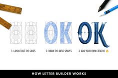 the words ok are made up of different types of shapes and sizes, including pencils