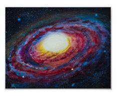 an acrylic painting of a spiral galaxy with stars in the sky and blue, red, yellow and purple colors