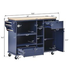 an image of a blue storage cabinet with drawers and shelves on the bottom half side