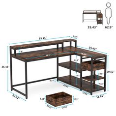 an image of a desk with shelves and drawers on it's sides, measurements