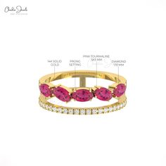 Description Dazzle with elegance in this Oval Pink Tourmaline Ring, a stunning choice for a unique wedding band. Crafted in 14k solid gold, the 1.1 Ct gemstone sits atop a split shank, adorned with pave diamonds for added brilliance. Perfect for those seeking timeless beauty and modern charm. Product Details SKU CJ R 1800 TM Product dimension - Metal 14K Solid Gold Birthstone October Pink Tourmaline Details Size 5x3mm Quality AAA Pieces 5 Weight 1.1 carats Setting Prong Enhancement None Diamond Pink Wedding Band, October Pink, Unique Wedding Band, Pink Tourmaline Ring, Unique Wedding Bands, Tourmaline Ring, Split Shank, Pink Ring, Dual Band