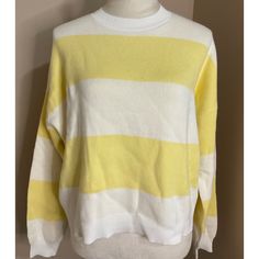 New Never Worn Yellow And White Stripes Knit Into A Cozy Crewneck Sweater That Can Be Paired With Your Favorite Separates. Crewneck Long Sleeves 100% Cotton Hand Wash, Tumble Dry Imported Model Stats: 5'10" Height, 32" Bust, 25" Waist, 36" Hip. Model Is Wearing Size S Yellow Soft Knit Sweater For Spring, Spring Yellow Soft Knit Sweater, Casual Yellow Soft Knit Sweater, Spring Yellow Soft Knit Tops, Casual Yellow Soft Knit Top, Yellow Crew Neck Casual Sweater, Yellow Casual Crew Neck Sweater, Casual Yellow Crew Neck Sweater, Trendy Yellow Soft Knit Sweater