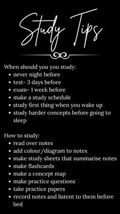 a black and white poster with the words study tips written in cursive writing