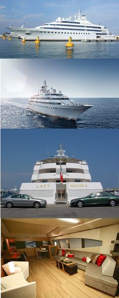 two pictures with cars and a large boat in the water, one has a yacht on it's side