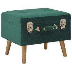 an upholstered foot stool with wooden legs and a green velvet box on top