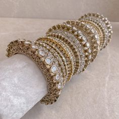 Large stack of luxurious antique Gold bangles covered with stunning intricate detailing, clear zircon crystals and clear cluster beaded bangles.  This truly glamorous set will be perfect for any Bride or those wanting to make a statement.  Sold as 2 arm stack only. Ready to Ship! Antique Gold Bangles, Bridal Survival Kit, Arm Stack, Bangle Stack, Beaded Bangles, Bangle Box, Bridal Choker, Bridal Necklace Set, The Bangles