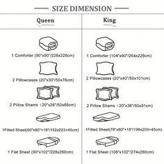 the size guide for bedding and mattresses is shown in two different sizes, each with