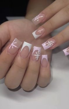 Pink Nails With Snowflakes, Cowboy Nails, Pink Tip Nails, Natural Acrylic, Hippie Nails, Girly Acrylic Nails