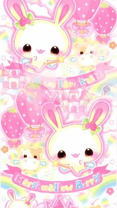 two cute little bunny stickers on the side of a white sheet with pink and yellow designs