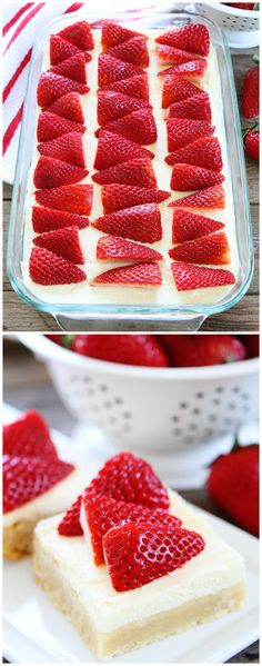 strawberry shortcakes with cream cheese frosting and fresh strawberries on top are ready to be eaten