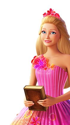 a barbie doll is holding a book in her hand and wearing a pink dress with flowers on it