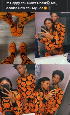 two people dressed in orange and black are posing for the camera with their cell phones