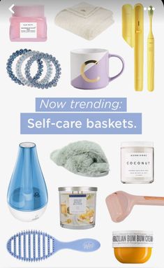 the words now trending self - care baskets are shown in blue, pink and white