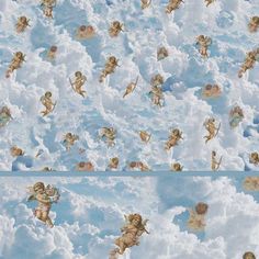 several images of cherubs in the clouds with blue sky and white clouds behind them