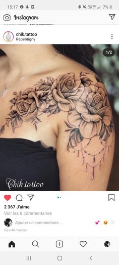 a woman's chest with roses on it and the words, chik tattoo