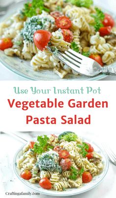 two pictures of vegetables and pasta with the words, use your instant pot vegetable garden pasta