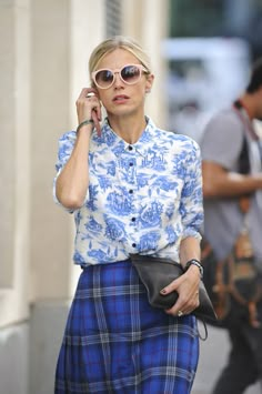 Laura Bailey Source: filmmagic.com Printed Dress Shirts, Blue Print Dress, Plaid Skirt, Fashion Mode