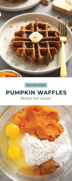 pumpkin waffles with whipped cream and butter on top are served in white plates