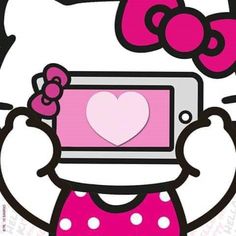 an image of a hello kitty holding up a cell phone with a heart on it