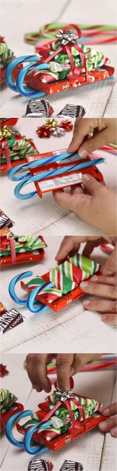 How to Make Candy Cane Sleighs with Candy Bars for Christmas! These make the best DIY Christmas gifts! Perfect for teachers, friends and family! Joululahjat Diy, Candy Cane Sleigh, Diy Holiday Gifts, Candy Bars, Christmas Goodies, Noel Christmas, Homemade Christmas, Diy Holiday, Xmas Crafts