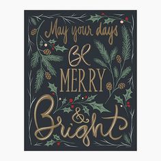 a merry and bright christmas card with holly, pine cones and berries on black background