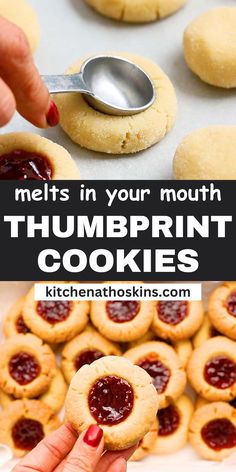 a person holding a cookie in their hand with the words meltin your mouth thumpprint cookies