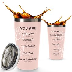 two pink tumblers with the words you are amazing enough