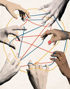 several hands holding together with colored lines in the middle