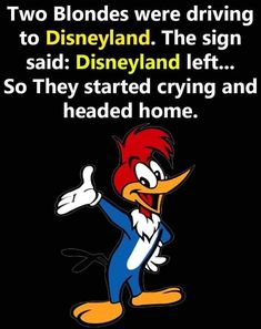 donald the duck saying two blondes were driving to disneyland the sign said disneyland left so they started crying and headed home