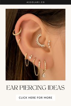 a woman's ear with three different types of piercings