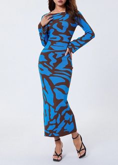 This stylish Graphic Print Long Flared Sleeve Maxi Dress is perfect for those who appreciate the sophistication of luxury fashion. The classic yet fashionable design of this dress will give you a stunningly elegant look that will turn heads wherever you go. The perfect blend of casual and formal style, this dress will give your wardrobe an effortless touch of sophistication. Fit Type: Regular Fit Fabric: Slight Stretch Material: Polyester Fiber Elegant Blue Maxi Dress For Winter, Elegant Blue Winter Maxi Dress, Blue Maxi Dress For Fall Cocktail Events, Blue Maxi Dress For Formal Fall Occasions, Blue Formal Maxi Dress For Fall, Blue Maxi Dress For Winter Party, Blue Winter Maxi Dress For Party, Blue Winter Party Maxi Dress, Blue Fitted Maxi Dress For Winter