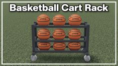 a cart filled with basketballs sitting on top of a green field