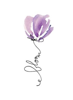 a purple flower with the word love written in cursive writing