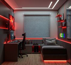 a bedroom with red lights on the ceiling and a bed in front of a window