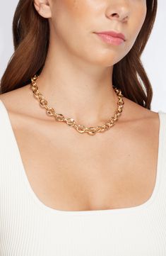 Partially flattened links ensure you always catch light in this golden necklace. 16" length; 2" extender Goldtone plate Imported Gold Link Toggle Necklace With Delicate Chain, Gold Toggle Necklace With Delicate Chain, Gold Oval Link Clavicle Chain Necklace, Golden Necklace, Fabric Gift Bags, Nordstrom Store, Keep Jewelry, Free Fabric, Fabric Gifts