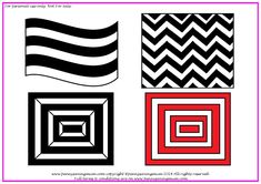 four black and white squares with different colors