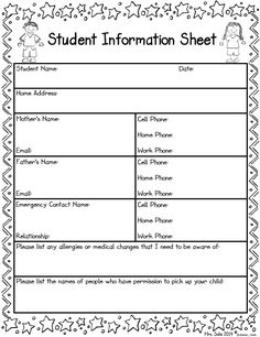 the student information sheet for students to use