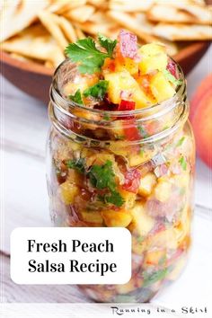 fresh peach salsa recipe in a mason jar