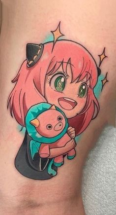 a girl with pink hair holding a pig tattoo on her stomach