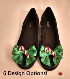 Christmas bow shoe clips -- such an easy way to decorate a pair of shoes for Christmas; the half-pearls really add to the look! Five Christmas designs are available, as described below. Order them soon!  DETAILS: -- Made from satin ribbon, with a Christmas design in the center, and pearl gems. -- Each bow is approximately 3 1/4 inches from side to side, and 2 ½ inches from top to bottom. -- Comes as a set of 2 matching clips. -- Production time generally takes 3 - 5 days before shipping. -- Will ship to anywhere in the US, and shipping is free on orders of $35 or more. -- Will include a ladybug on 1 of the 2 clips, maybe obvious, maybe hidden -- look for it! (Note: If you do not want a ladybug on it, simply let me know!)  DESIGN OPTIONS: -- White Bow, with Poinsettia, and also Red and Gree Christmas Shoes Diy, Shoe Bows, Christmas Bride, Clown Shoes, Elf Shoes, Christmas Shoes, Bow Christmas, Christmas Bell